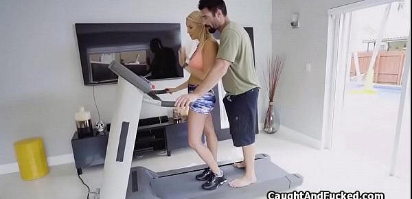  Treadmill fucky sucky with lucky voyeur
